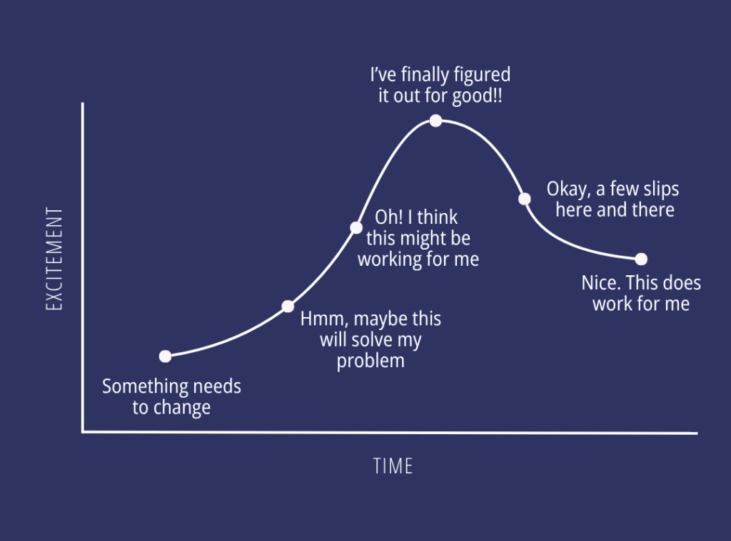 A graph with time on the x-axis and excitement on the y-axis. Excitement rises, hitting a peak before coming down slightly, then evening out mid-way along the y-axis.